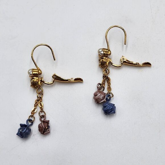 Vintage Dangle Blue Pink Flowers Faux Pearl Lever Back Earrings Feminine Dainty - Picture 5 of 6